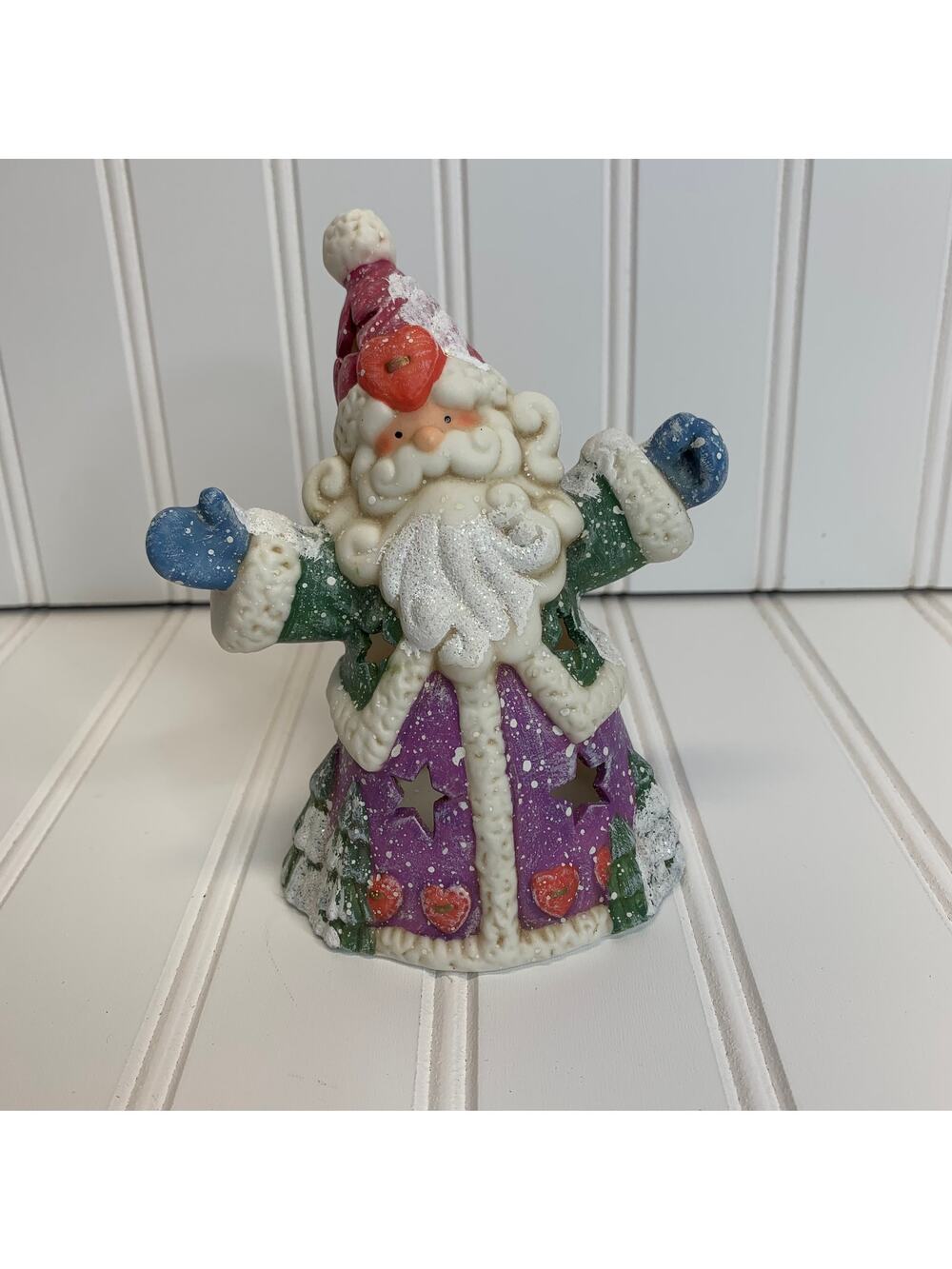 Santa Tea Light Holder Ceramic Stars Sparkle Wizard? 6"